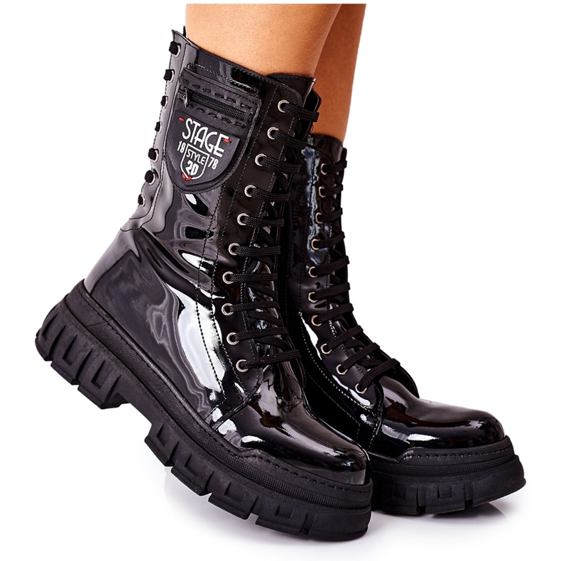 NAVY DOT Botas de Mujer Trappers Lacado Negro Coriera