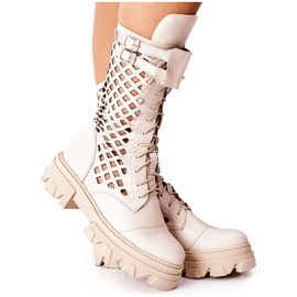 PA2 Botas de cuero calado para mujer Trappers Beige Hootie