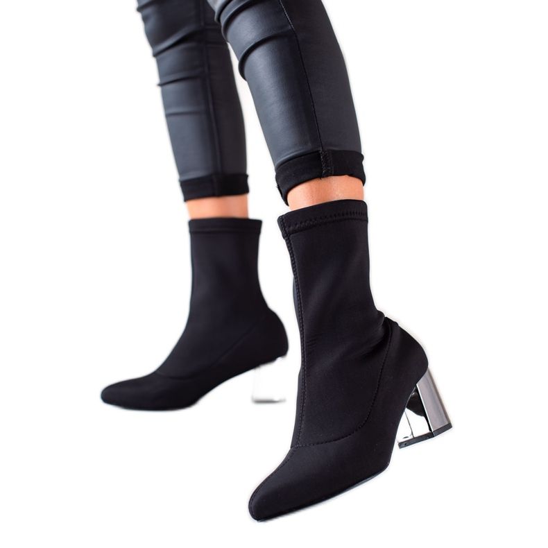 TRENDI Botas sin cordones con tacón plateado negro