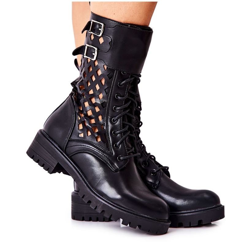 Botas Menie de piel calada negra negro Botas Menie de piel calada negra negro