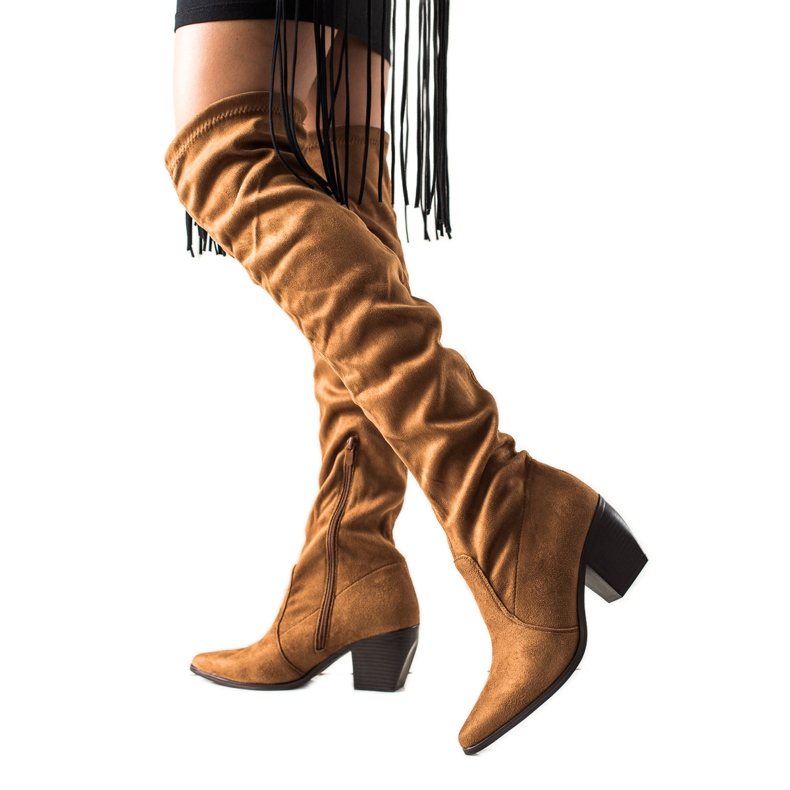 Laura Mode Botas de tacón bajo hasta el muslo marrón