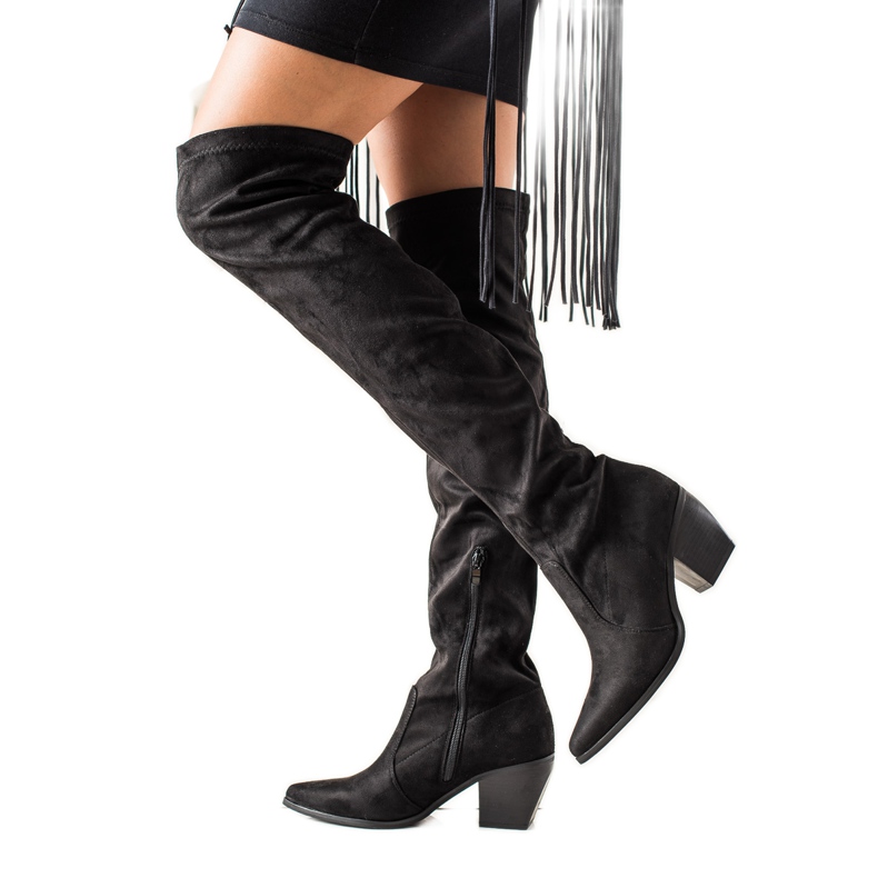 Laura Mode Botas de tacón bajo hasta el muslo negro Laura Mode Botas de tacón bajo hasta el muslo negro