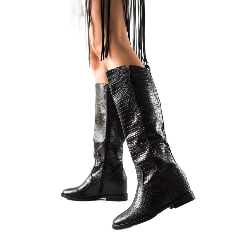 TRENDI Botas con cuña de cuero ecológico negro TRENDI Botas con cuña de cuero ecológico negro