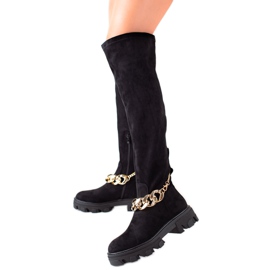 Diamantique Botas de ante con cadena dorada negro
