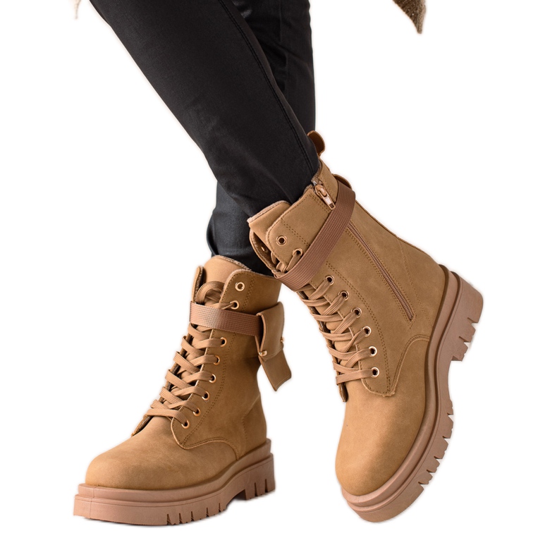 TRENDI Botas con cordones Trappers con bolsillo beige TRENDI Botas con cordones Trappers con bolsillo beige