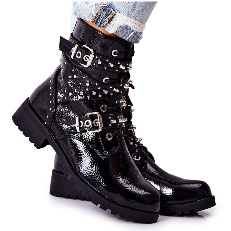 Botas de cuero con correas Black Kepherine negro Botas de cuero con correas Black Kepherine negro