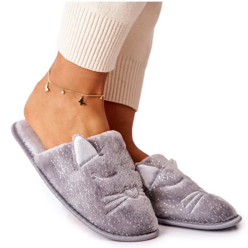 PE1 Pantuflas de gatito brillantes con orejas grises de Kaisy plata