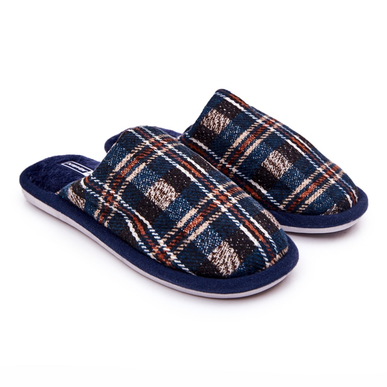 WJ1 Pantuflas cálidas a cuadros azul marino para hombre Whisper beige