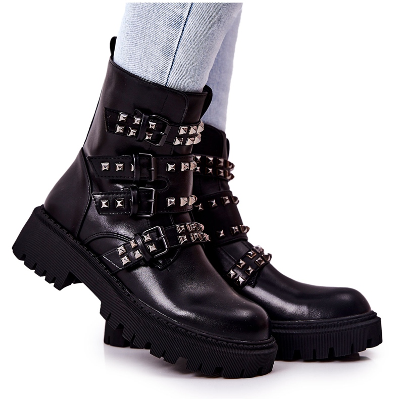 WS1 Botas Trabajadores Con Correas Tachuelas Brenna Negras negro