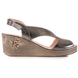 TRENDI Sandalias De Cuero Plateadas Con Cuña gris