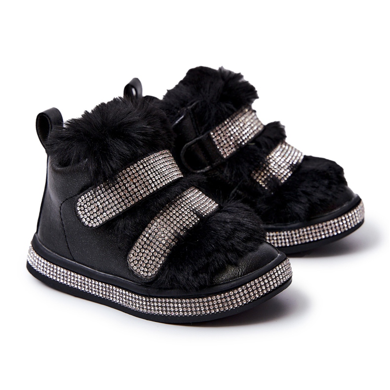 FR1 Black Leela - Botas de nieve para niños de cuero negro cálido