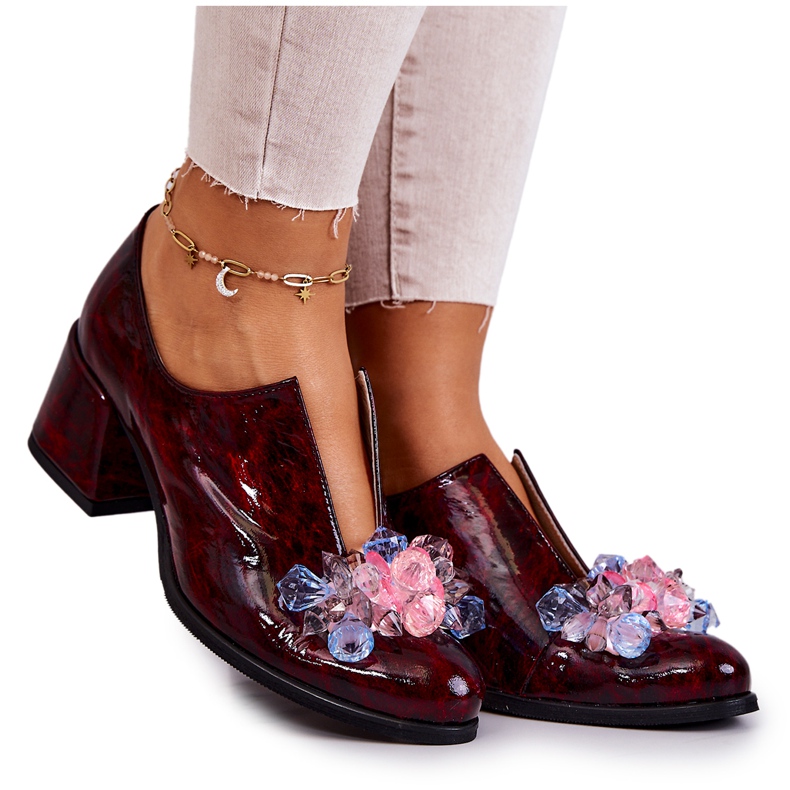PA2 Elegantes Tacones Altos De Cuero Con Decoración Delaver Burdeos rojo