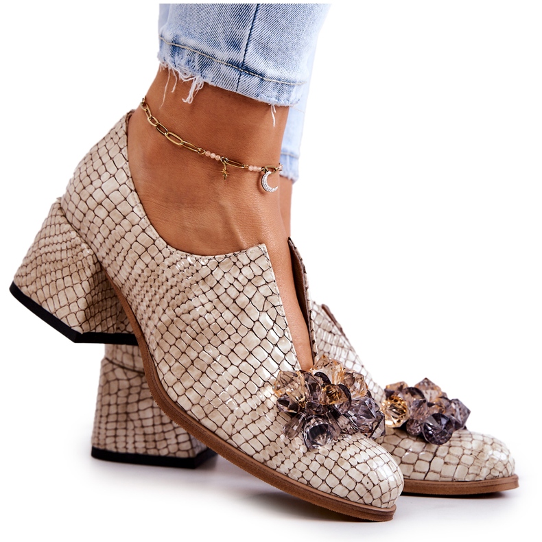 PA2 Elegantes Tacones Altos De Cuero Con Decoración Delaver Beige
