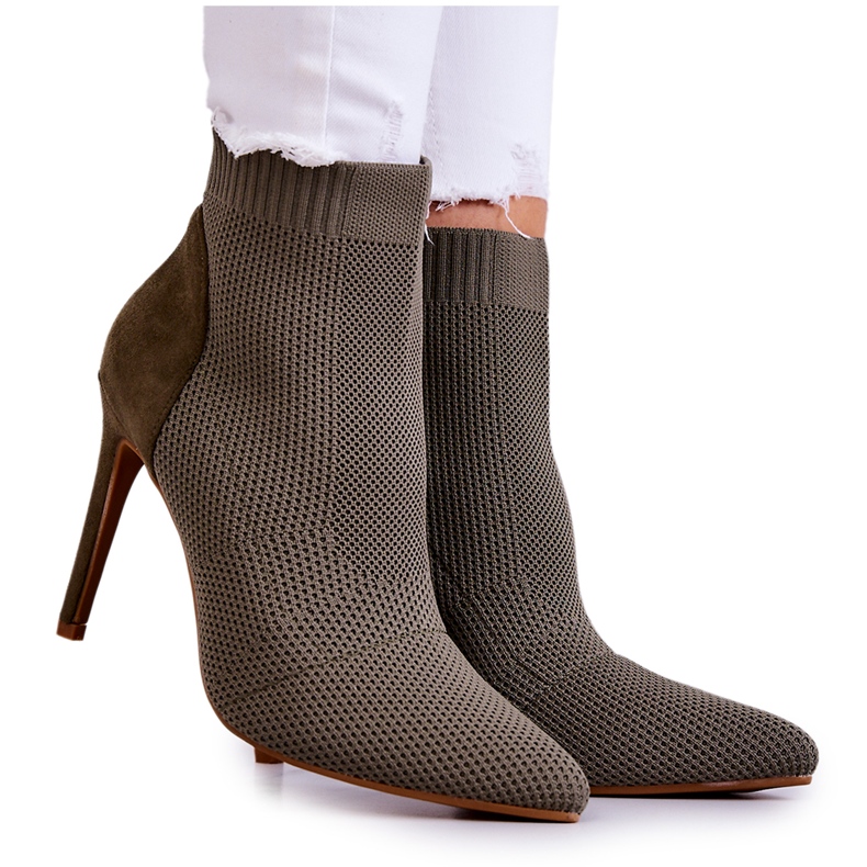 S.Barski Botas De Mujer Con Un Calcetín En Un Tacón Alto De Color Caqui Anoche marrón verde S.Barski Botas De Mujer Con Un Calcetín En Un Tacón Alto De Color Caqui Anoche marrón verde