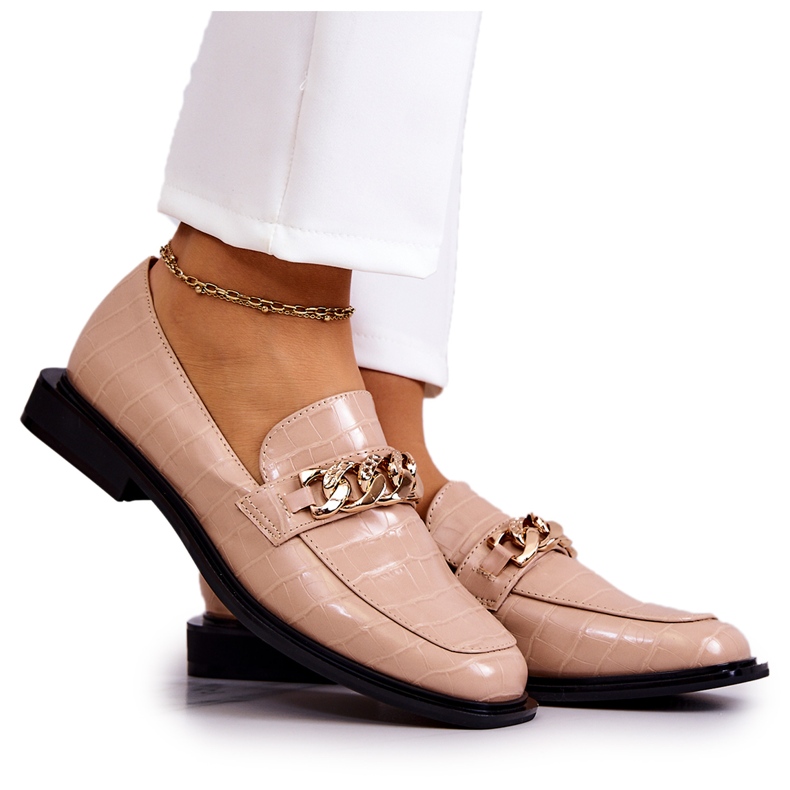 Vinceza Mocasines De Piel Mocasines Con Cadena Killen Beige dorado