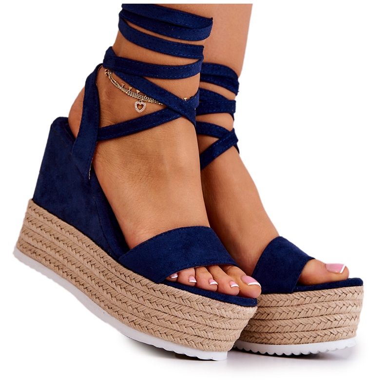 FW1 Sandalias ligeras anudadas con tacón de cuña, azul marino Marriett