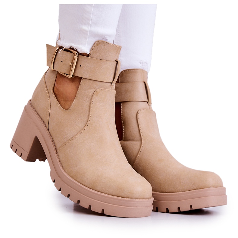 FE1 Botines De Piel Cinturón Recortado Beige Oscuro Rosanne