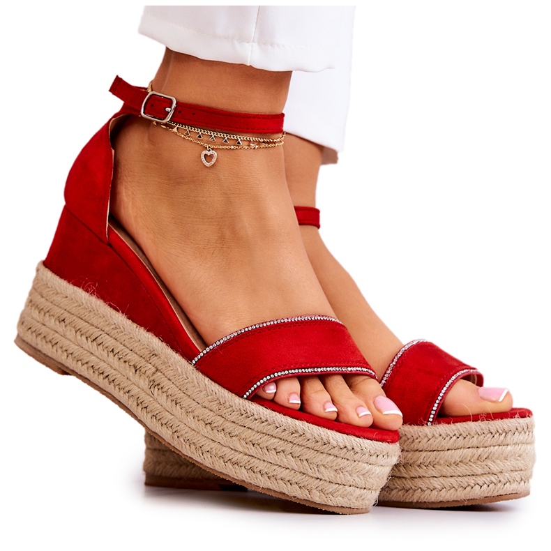 FW1 Sandalias De Mujer Con Cuña Con Zirconia Cúbica Linette Rojo FW1 Sandalias De Mujer Con Cuña Con Zirconia Cúbica Linette Rojo