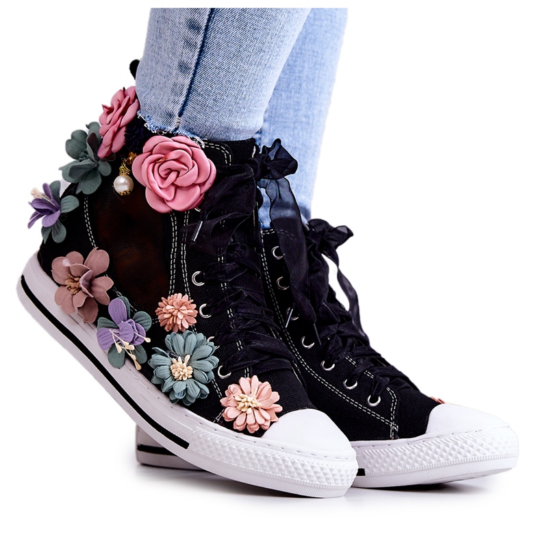 LU BOO Zapatillas Altas Con Flores Negro Sellin