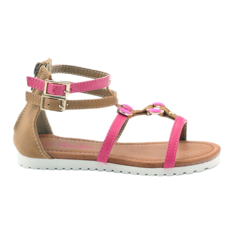 American Club Sandalias de gladiador, zapatos para niños en la cremallera rosa americana. rosado marrón blanco