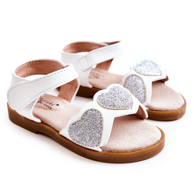 S.Barski Sandalias Infantiles Piel Brocado Corazones Blanco Luisa