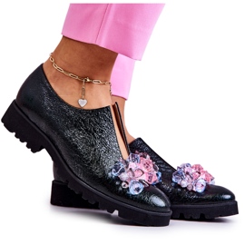 PA2 Elegantes Zapatos De Cuero Con Decoración Cindy Verde Oscuro