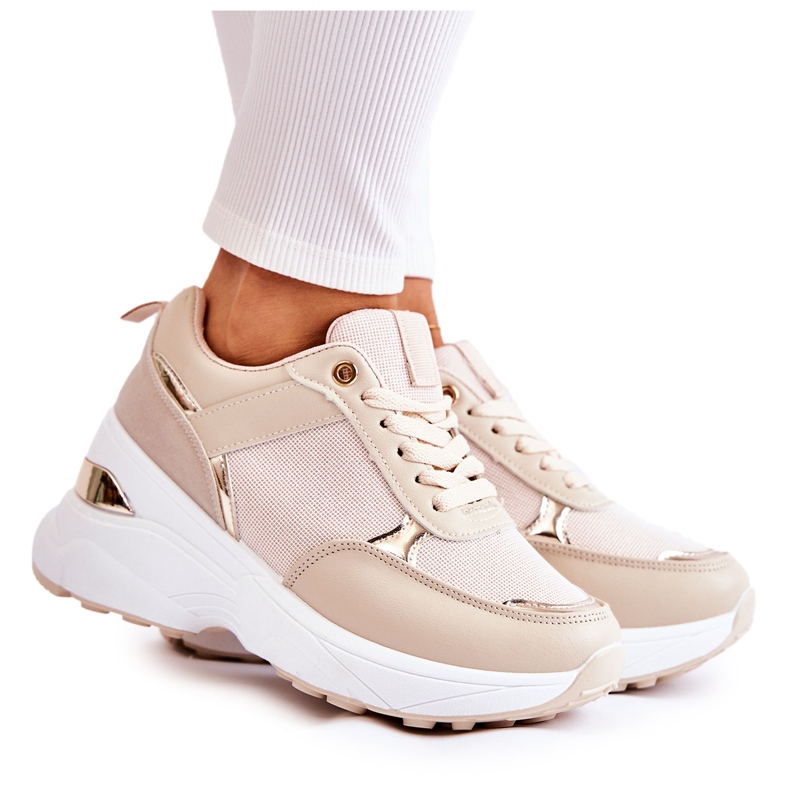 PG1 Deportivas Mujer Brillantes Con Cuña Beige Actividad dorado