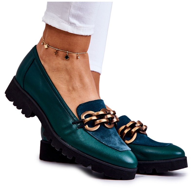PA2 Mocasines Elegantes De Piel Con Cadena Ginebra Verde