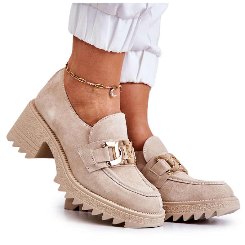 PL5 Zapatos Ante Con Adorno Dorado Beige Claro Idealize