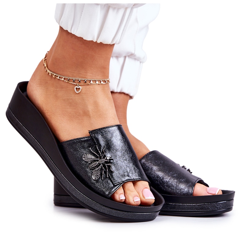 Vinceza Pantuflas de mujer de moda con decoración Holle negra negro