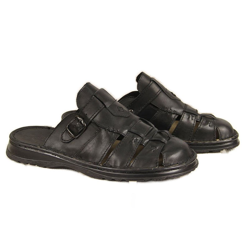 Cómodas zapatillas de casa de hombre en piel negra Łukbut 962 negro