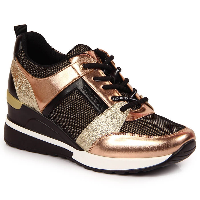 Zapatos mujer cuña negros y dorados Vinceza