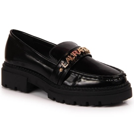 Zapatos de mujer lacados en negro con la inscripción Laura La.Fi