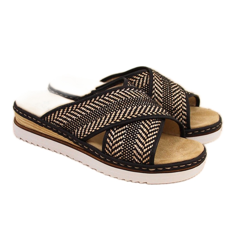 Zapatillas de mujer negras con tacón de cuña Rieker 679A5 beige marrón Zapatillas de mujer negras con tacón de cuña Rieker 679A5 beige marrón