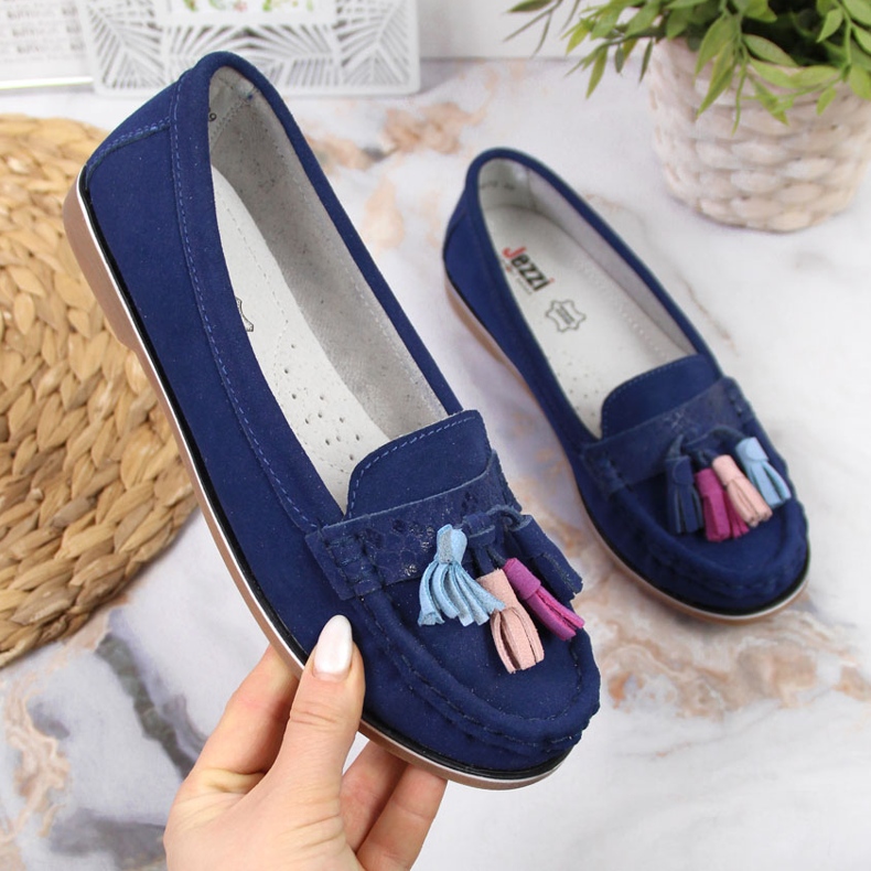 Mocasines mujer piel con flecos azul marino Jezzi