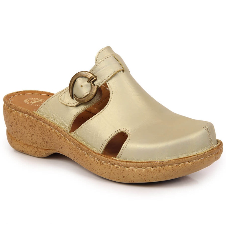 Babucha piel cuña dorada Łukbut 666 dorado