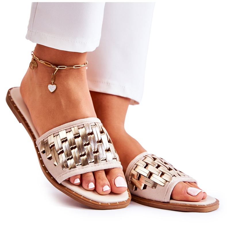 S.Barski Pantuflas De Mujer De Piel Con Tacón Plano Beige Hollis