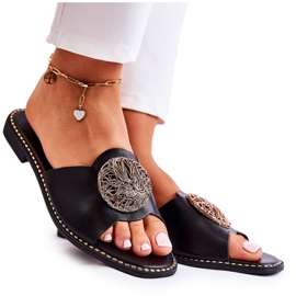 S.Barski Pantuflas De Mujer De Piel Con Adorno Colene Negro