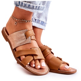Cómodas Pantuflas De Mujer De Cuero Maciejka 05549-29 Marrón dorado