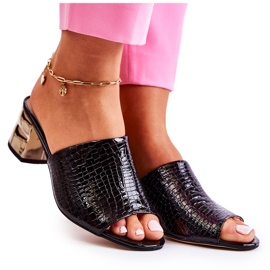 PA2 Pantuflas De Mujer En Piel Con Tacón Negro Perry dorado