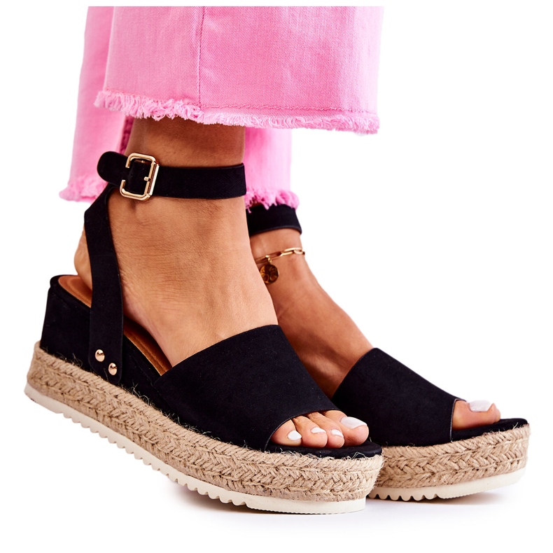 FE1 Sandalias Lisboa De Ante Negro Con Tacón De Cuña