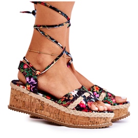 FS3 Alpargatas Sandalias Atadas De Mujer Con Flores Negras Lamour negro multicolor