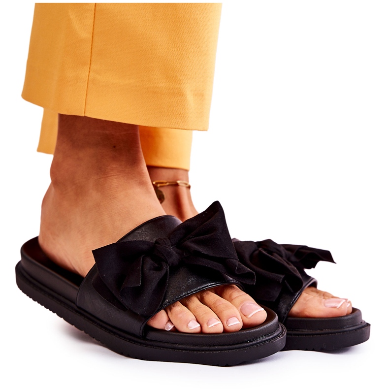 PJ1 Clásicas Pantuflas De Mujer De Piel Con Lazo Negro Dessy
