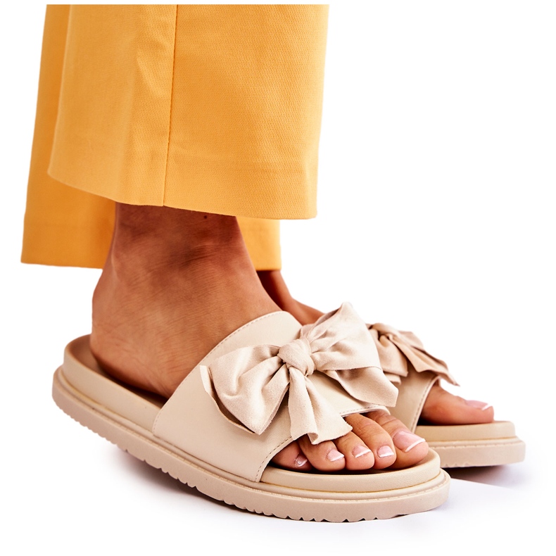 PJ1 Clásicas Pantuflas De Mujer De Piel Con Lazo Beige Dessy