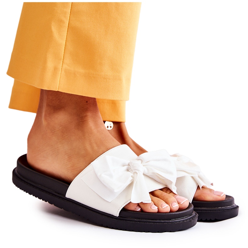 PJ1 Clásicas Pantuflas De Mujer De Piel Con Lazo Blanco Dessy