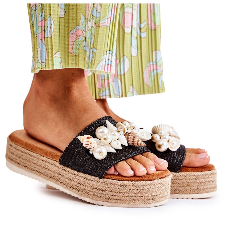 PS1 Pantuflas De Mujer En La Plataforma Con Conchas Negro Tolia