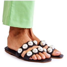PG1 Slippers Mujer Piel Con Perlas Decorativas Negro Lasello