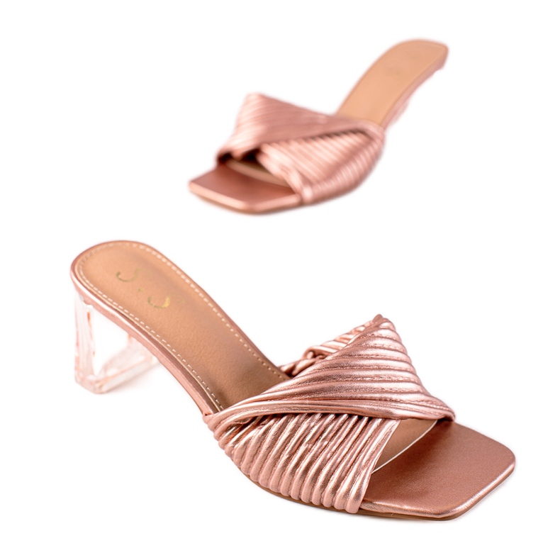 SHELOVET Zapatillas con tacón transparente rosado dorado
