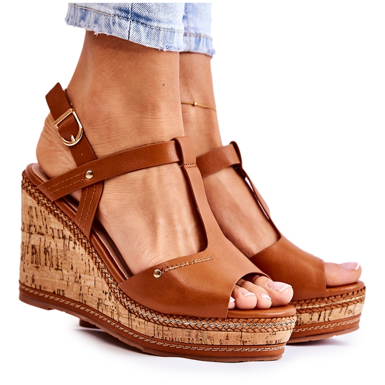 PG1 Sandalias clásicas de piel sobre cuña marrón Valorin