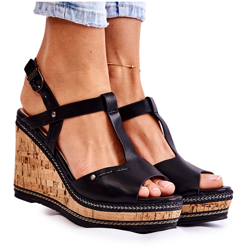 PG1 Sandalias Clásicas Cuña Piel Negra Valorin negro